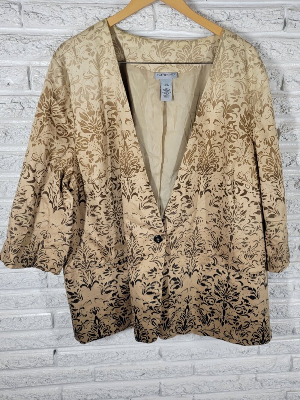 Catherines Blazer Jacket 3X Plus Size Tan Black Floral 1 Button SWE126E